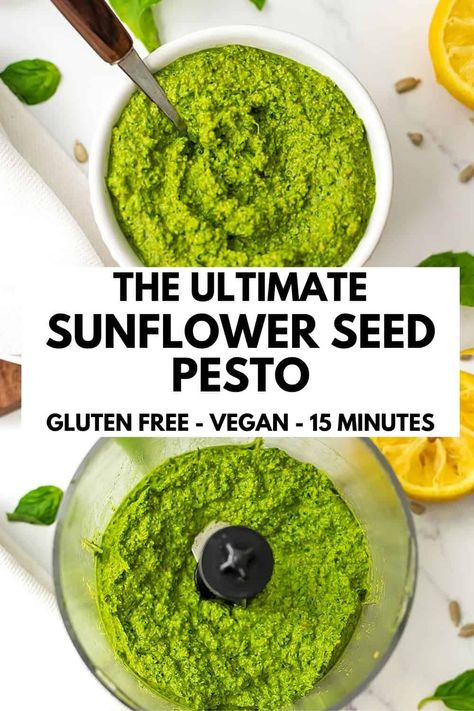 Sunflower Butter Recipes, Sunflower Seed Pesto, Sunflower Seed Recipes, Vegan Pesto Recipe, Nut Free Pesto, Basil Pesto Recipe, Gluten Free Pesto, Dairy Free Sauces, Nut Butter Recipes