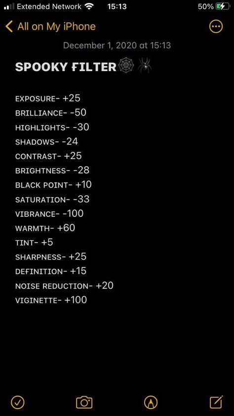 Dark Photo Filter, Photo Editing Ios Camera, Halloween Filter Camera Roll, Black Photo Editing, Dark Photo Editing, Diy Filters, Pic Filters, Photo Edit Settings, Iphone Photo Edit Settings