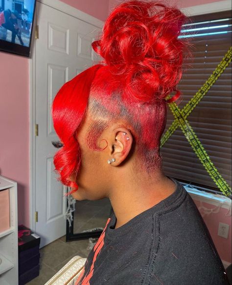 Red Hair Updo Black Women, Red Braided Ponytail For Black Women, Red Updo Hairstyles For Black Women, Red Ponytail Hairstyles For Black Women, Red Hair Updo, Bhaddie Hairstyle, Red Ponytail, Flame Hair, Red Hairstyles