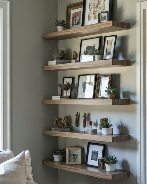 𝗢𝗽𝗲𝗻 𝗦𝗵𝗲𝗹𝘃𝗶𝗻𝗴 𝗳𝗼𝗿 𝗠𝗼𝗱𝗲𝗿𝗻 𝗛𝗼𝗺𝗲𝘀 Add a sleek and modern touch to your home with open shelving designs! Minimal, stylish, and perfect for showcasing your favorite pieces. 🌿✨ #ModernShelving #HomeDecorGoals #InteriorDesign Floor To Ceiling Floating Shelves, Long Shelves On Wall Living Room, Long Shelves On Wall, Ceiling Floating Shelves, Open Shelves Living Room, Shelves On Wall, Long Shelves, Grey Shelves, Shelves Living Room