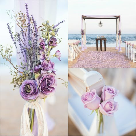 Lavender Beach Wedding, Purple Beach Wedding, Beach Wedding Colors Schemes, Beach Wedding Purple, Lavender Beach, Beach Wedding Aisles, Beach Wedding Arch, Wooden Arbor, Beach Wedding Decorations Reception