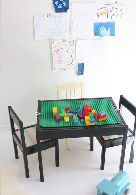 Ikea Latt table Lego top - Add a piece of wood with lego base plates on top to fit on the existing latt table. Latt Hack, Ikea Lego, Umbrella Costume, Ikea Latt, Table Lego, Painting Umbrella, Upside Down Umbrella, Diy Kids Furniture, Kids Activity Table