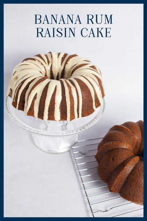 Banana Rum Raisin Cake is laced with yummy rum-soaked raisins. Perfect for any occasion (even breakfast!) this moist and delicious cake keeps really well too. Spiced Rum Cake, Rum And Raisin Cake, Rum And Raisin, Banana Bundt Cake, Raisin Cake, Banana Rum, Recipes Using Bananas, Banana Buttermilk, Vegetarian Desserts