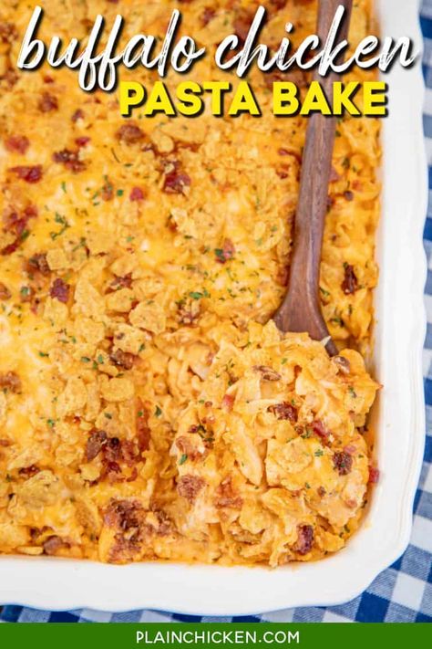 Buffalo Chicken Pasta Bake - Plain Chicken Buffalo Chicken Pasta Bake, Chicken Sour Cream, Buffalo Ranch Chicken, Chicken Pasta Casserole, Chicken Ranch Pasta, Buffalo Chicken Pasta, Chicken Wing Sauces, Chicken Noodle Casserole, Chicken Pasta Bake