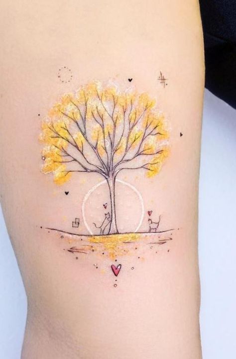 Yellow Butterfly Tattoo, Blatt Tattoos, Yellow Tattoo, Small Watercolor Tattoo, Kitty Tattoos, Kids Tattoo, Tattoo Tree, Rainbow Tattoos, Polynesian Tattoos