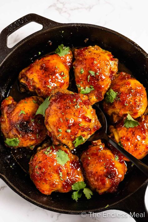 This harissa honey chicken is the most delicious honey glazed chicken ever. The sweet and sticky sauce is spiced with harissa, a North African paste that is super flavourful. You'll be licking the glaze off your fingers! #theendlessmeal #chicken #harissa #harissachicken #chickendinner #weeknightdinner #easyweeknightdinner #quickdinner #chickenthighs #healthydinner #easymeals Guinness Chicken, Chicken Harissa, Harissa Honey Chicken, Harissa Sauce, Best Potato Salad Recipe, Sticky Sauce, Harissa Recipes, Honey Glazed Chicken, Harissa Chicken