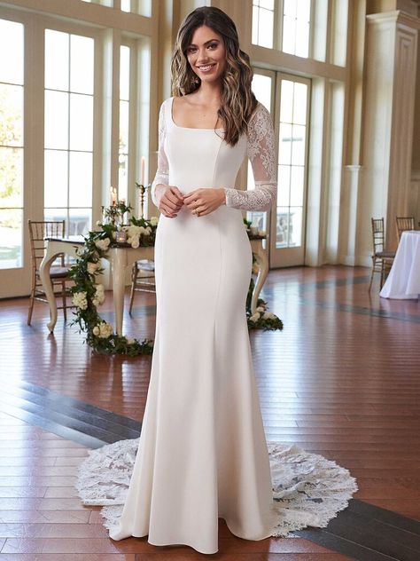 Throw what you know about dressing older brides, and create your own fashion rules. Square Neck Wedding Dress, Sincerity Bridal, Bridal Gown Styles, Simple Gowns, Fit And Flare Wedding Dress, Justin Alexander, Tea Length Wedding Dress, Wedding Dresses Photos, Traditional Wedding Dresses