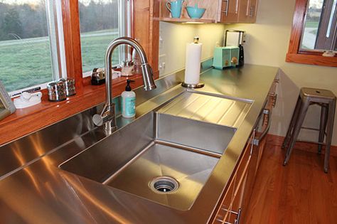 Custom drainboard sink and stainless steel countertop - all one piece. Love. Stainless Countertops, Steel Counter, Replacing Kitchen Countertops, Sink Ideas, Country Kitchen Designs, Stainless Steel Counters, Stainless Sink, New Countertops, Stainless Steel Countertops