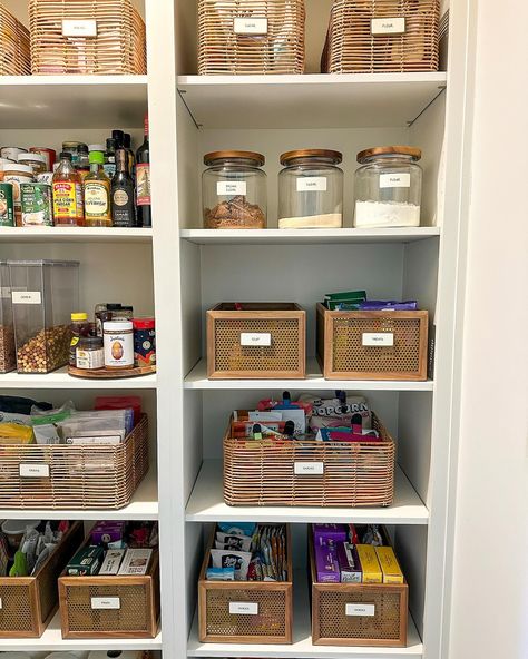 Loving the look of our rattan and perforated acacia baskets together! What do you think? . . . #homeorganization #pantryorganization #pantrygoals #kitchendesign #kitchenrenovation #homesweethome #homedesign #interiordesign #sacramentoNEAT #professionalorganizer Stackable Pantry Baskets, Pantry Wicker Baskets, Pantry With Basket Drawers, Wicker Basket Storage Kitchen Open Shelves, Pantry Storage Baskets Wicker, Neat Method, Organized Pantry, Professional Organizer, Pantry Organization