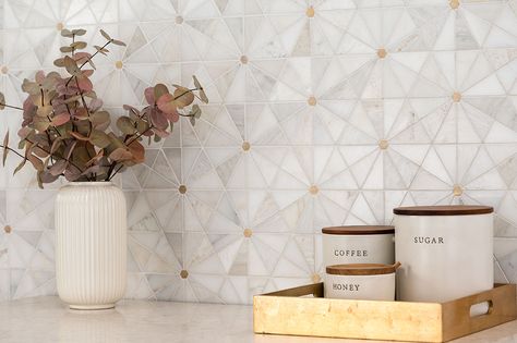 Elegante Pinwheel Gold Gold Mosaic Tile, Stone Mosaic Floor, Tile Material, Gold Tile, Gold Mosaic, Primary Bath, Mosaic Floor, Ivy Hill Tile, Hexagonal Mosaic