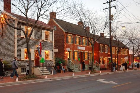 Or simply visit the downtown area for a Christmas-infused stroll. Dozens of buildings are adorned with twinkling lights... Brick Pathway, Frederick Maryland, Frederick Md, Christmas Town, Colonial Williamsburg, Historical Architecture, Ocean City, Road Trip Usa, Christmas Village