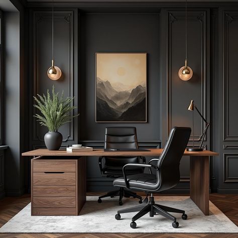 Explore 'Executive Opulence' with a dark walnut desk, sleek leather seating, and striking geometric lighting—where sophistication meets functionality in your workspace.#ModernOffice #MasculineInteriors #OfficeDesign #LuxuryWorkspace #SophisticatedStyle Dark Walnut Desk, Masculine Office Ideas, Modern Masculine Office, Masculine Office, Walnut Desk, Geometric Lighting, Walnut Desks, Wood Interiors, Leather Furniture