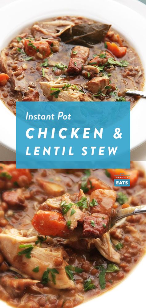 Quick and Easy Pressure Cooker Chicken, Lentil, and Bacon Stew With Carrots Recipe Bacon Stew, Chicken Lentil, Recipes Easy Quick, Chicken Recipes Easy Quick, Chicken Recipes Easy, French Lentils, Carrots Recipe, Weeknight Recipes, Pot Dinners