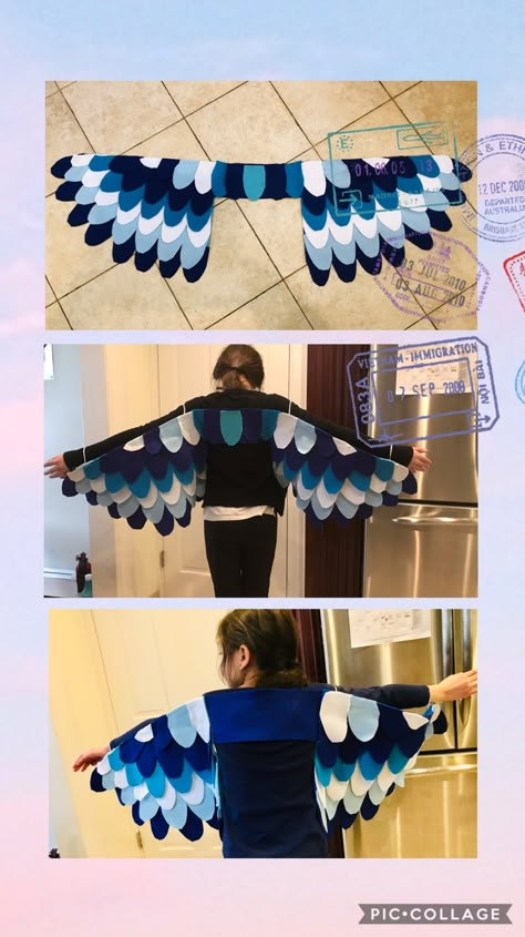 Felt wings made with lots of hot glue Bird Wing Costume Diy, Felt Wings Diy, Wings Costume Diy, How To Make Wings, Bird Wings Costume, Seussical Costumes, World Book Day Ideas, Crow Costume, Jungle Decorations