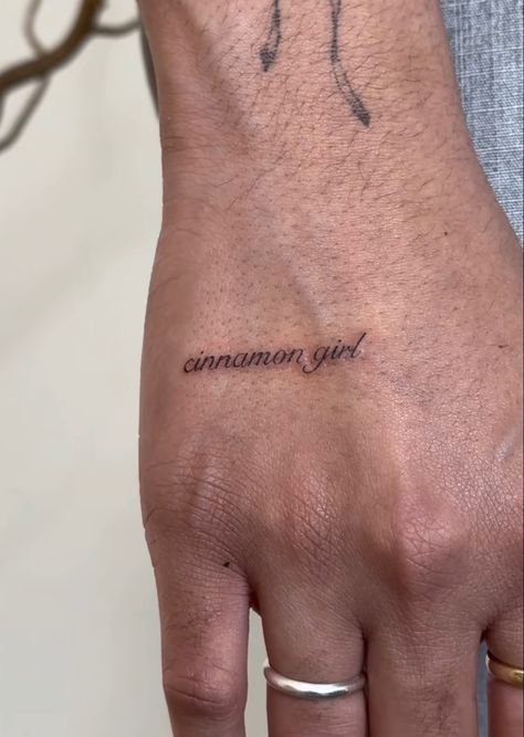 Cursive Text Tattoo, She Is Art Tattoo Cursive, Sweet Like Cinnamon Tattoo, Text Tattoo Hand, Pleasure Over Matter Tattoo Frank Ocean, Hand Tattoo Script, Hand Tattoo Dainty, Hand Tattoos Writing, Cinnamon Girl Tattoo