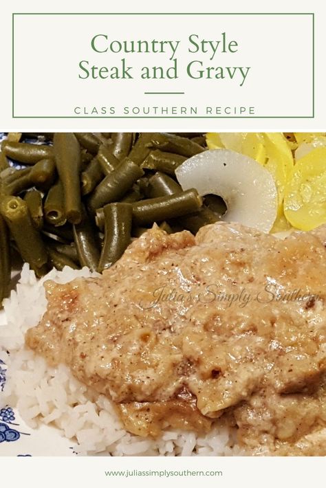 Country Style Steak and Gravy Recipe is a classic Southern recipe. Cubes steaks are partially cooked in a skillet before being smothered in a homemade gravy to bake in the oven until melt in your mouth tender. Delicious served over cooked rice. #beef #countrystylesteak #cubedsteaks #southernfood #southernrecipes #juliassimplysouthern Country Style Steak And Gravy Recipes, Country Style Cube Steak And Gravy, Cubed Steak Gravy Recipe, Country Style Steak In Oven, Cube Steak And Gravy Recipes Oven, Rice With Gravy Recipes, Smother Steak, Country Steak And Gravy, Cube Steak And Rice Recipes