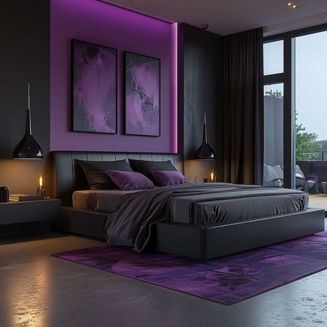 Elegant Bold Black and Purple Bedroom Interior Color Combination • 333+ Art Images Purple Velvet Bedroom Ideas, Black Gold And Purple Bedroom, Purple And Black Room Aesthetic, Black And Purple Decor, Purple Bedroom Inspirations, Black And Gray Bedroom Ideas, Purple House Interior Ideas, Black And Purple Bedroom Ideas, Purple And Black Room