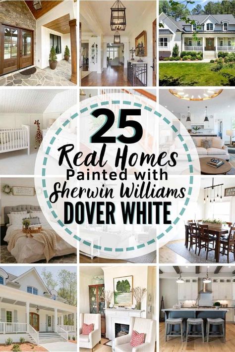 Sherwin Williams Dover White: Is it the neutral you've been looking for? See it in 20+ REAL HOMES & decide! #doverwhite #sherwinwilliams #sherwinwilliamsdoverwhite #doverwhiteexterior #doverwhiteexteriorhouse #doverwhitewalls #doverwhitecabinets #doverwhitevsalabaster #doverwhitevsagreeablegray #doverwhitevswhitedove #doverwhitelivingrooms #doverwhitemasterbedrooms #doverwhitebathrooms #doverwhitekitchens Sherwin Williams Pure White, Pure White Sherwin Williams, Sherwin Williams Dover White, Sherwin Williams White, White Exterior Houses, Dover White, Best White Paint, Wall Decorating, Real Homes