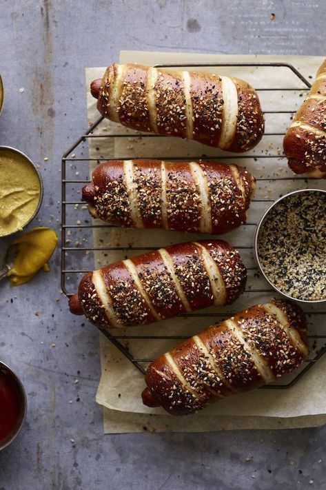 Grab the recipe for these everything pretzel dogs and make them for your next game day, weekend party, movie night in etc! You won't be disappointed! Everything Pretzel, Tailgate Party Food, Indulgent Recipes, Pretzel Dogs, Whats Gaby Cooking, Patriots Game, William Sonoma, Summer Eating, Sausage Rolls