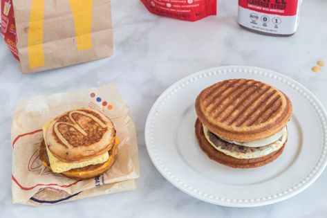 Best Keto McDonald's McGriddle Breakfast Sandwich Copycat Recipe Sausage Mcgriddle, Mcdonalds Mcgriddle, Keto Mcdonalds, Keto Sausage, Fresh Egg, No Egg Pancakes, Sausage Patty, Waffles Maker, Low Carb Breakfast Recipes