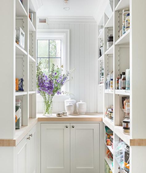 A cottage U-shaped pantry has the storage and appeal you'll need starting with white cabinets to wood countertops. White Kitchen Pantry, Farmhouse Pantry, Pantry Room, Shaped Kitchen, Pantry Remodel, Cabinets White, Open Cabinets, Kitchen Pantry Design, Kitchen Pantry Cabinets