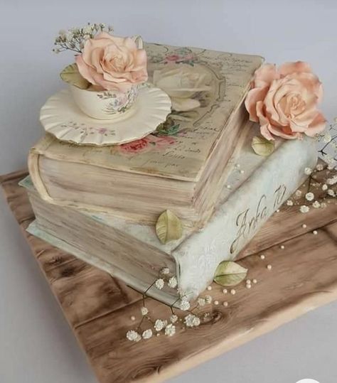 Book Cake Stand, Poetry Cake Design, Vintage Themed Cake, Library Birthday Cake, Book Design Cake, Cakes For Book Lovers, Book Inspired Cakes, Stack Of Books Cake, Books Birthday Cake