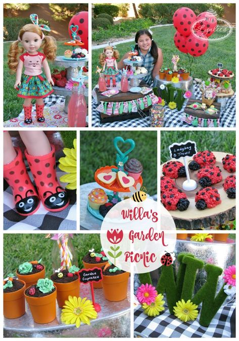 WellieWishers Willa’s Garden Picnic Wellie Wishers Birthday Party, Wellie Wisher Birthday Party, Sara Kathryn, Party Collage, American Girl Birthday Party, American Girl Birthday, American Girl Parties, Garden Picnic, Ladybug Birthday