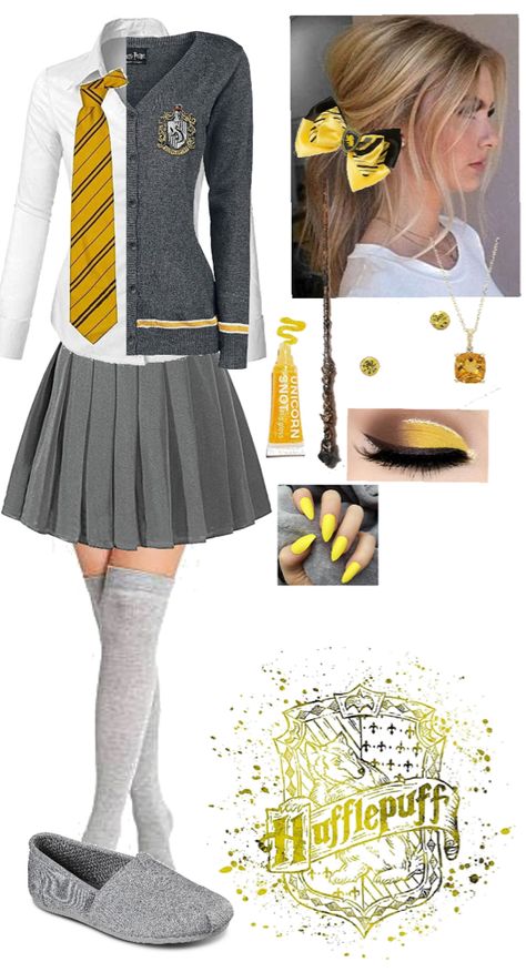 Hufflepuff Costume For Women, Diy Hufflepuff Costume, Hufflepuff Hairstyles, Hufflepuff Outfit Uniform, Hufflepuff Outfit Ideas, Hufflepuff Inspired Outfits, Yellow School Uniform, Hufflepuff Cosplay, Hufflepuff Costume