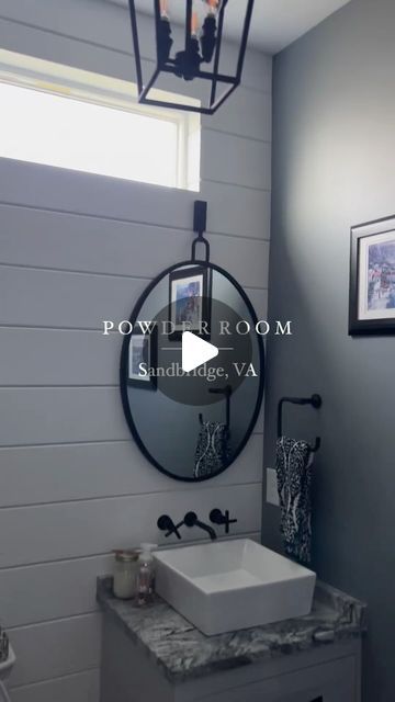 Tour this remodeled powder room 👀 We renovated this powder bathroom with a new vanity with a Wiskon granite countertop with a pencil edge, hardwood flooring, floor-to-ceiling Groove Yellow Pine shiplap paneling, matte black hardware, and a stopwatch oval flat metal framed accent mirror. A high transom window lets in light while affording the homeowners with privacy. #transomwindow #powderbath #powderbathroomdesign #powderbathroom Pine Shiplap, Shiplap Paneling, Powder Room Remodel, New Vanity, Powder Bathroom, Transom Window, Granite Countertop, Matte Black Hardware, Transom Windows