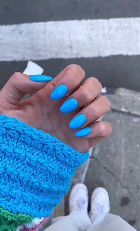 Blue Bright Nails, Ocean Color Nails, Carribean Blue Nails, Bright Blue Nails Acrylic, Ocean Blue Nails Summer, Pool Blue Nails, Cyan Blue Nails, Bright Blue Almond Nails, Vibrant Blue Nails