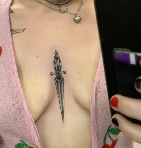 Knife Chest Tattoo Female, Sternum Knife Tattoo Women, Dagger Tattoo Chest Woman, Chest Dagger Tattoo, Sternum Knife Tattoo, Dagger Tattoo Sternum, Sternum Tattoo Dagger, Dagger Chest Tattoo, Dagger Chest Tattoo Female