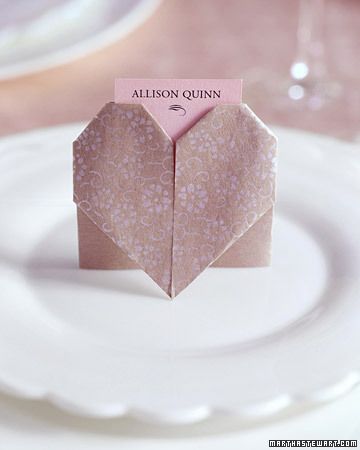 Paper Heart Place Cards Origami Wedding, Cards Craft, Heart Place, Origami Heart, Wedding Place Settings, Pink Bridal Shower, Paper Heart, Pink Bridal, Martha Stewart Weddings