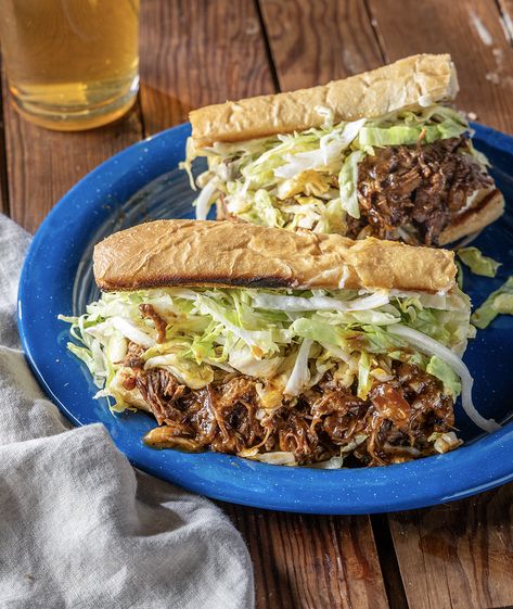 Roast Beef Debris Po’ Boys Louisiana Roast Beef Poboys, Roast Beef Poboys Recipe, Roast Beef Poboy, Beef Roast Crock Pot, Louisiana Cooking, Dill Pickle Slices, French Bread Loaf, Gumbo Soup, Slow Cooker Roast Beef