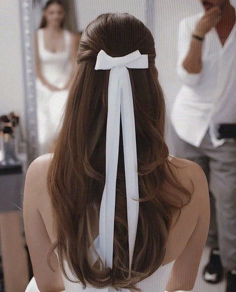 Ribbon Wedding Hairstyles, Bridal Shower Hair With Bow, Wedding Hairstyles With Ribbon, Bride With Bow In Hair, Wedding Hair With A Bow, Bow Hairstyle Wedding, Bride Hairstyles With Bow, Bridesmaid Hair With Ribbon, Wedding Hairstyles Bow