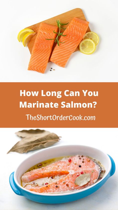 Salmon filets on a cutting board and more in a shallow dish with marinade Marinate Salmon, Salmon Marinade Recipes, Fish Marinade, Salmon Filets, Salmon Marinade, Canned Seafood, Grilled Salmon Recipes, Marinated Salmon, Salmon Steak