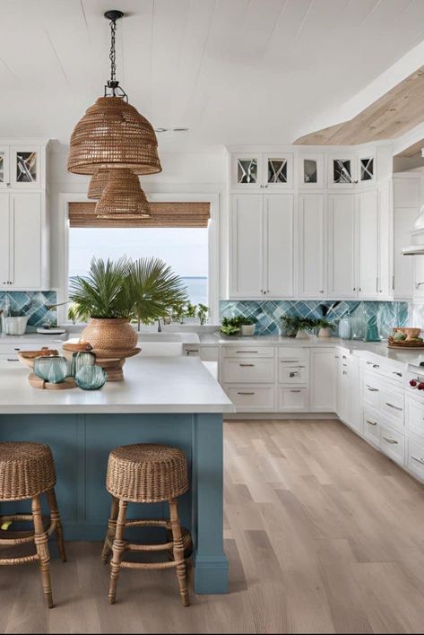 Coastal House Aesthetic, Greece House Interior, Beachhouse Kitchen, Backsplash Ideas For White Cabinets, Aesthetic Home Interior, Ivy Kitchen, Beach Cottage Kitchens, Beach Cottage Kitchen, Nautical Cottage