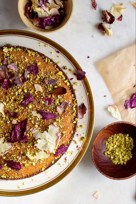 Pistachio and Rose Water Semolina Cake Recipe - NYT Cooking Flour Cake Recipes, Mat Inspiration, Magic Food, Semolina Flour, Semolina Cake, Yotam Ottolenghi, Nyt Cooking, Dried Rose Petals, Business Startup