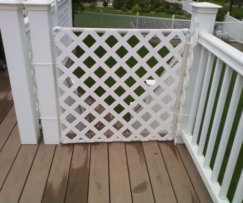 Had to close off my deck to make safe for granddaughter and pets. Used 3/4" pvc, 90 degree elbows, zip ties and plastic lattice panel.Didn't glue the pvc - used the zip ties to connect the lattice to the simple square frame, and after putting some lattice on "hinge" side to prevent rubbing, used long zip ties to make hinges. Does not swing feely but works. Used clam clips to close it - they connected to zip ties on main post.Photo #1 shows simple corners wi... Outdoor Pet Gate, Vinyl Deck Railing, Pvc Gate, Patio Gates, Diy Dog Gate, Diy Gate, Porch Gate, Deck Gate, Outdoor Deck Decorating