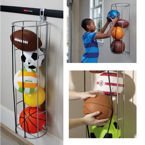 Ball Storage Playroom, Diy Ball Holder Storage, Ball Organizer Diy, Gym Ball Storage, Sport Balls Storage, Basketball Office, Football Rooms, Kids Bedroom Boys, Basketball Room