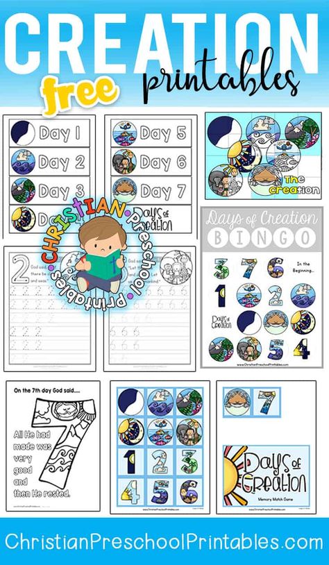 Free Days of Creation Bible PrintablesA huge collection of creation-themed puzzles and games, including file folder learning centers, worksheets, bulletin board displays, bible minibooks and more! 7 Days Of Creation Printable Free, Church Games For Kids, Creation Preschool, Kids Bible Lessons, Creation Bible Lessons, Creation Bible Crafts, Garden Preschool, Mfw Kindergarten, Creation Activities