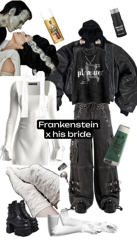 Frankenstein and his bride Halloween couple costume idea #frankensteinsbride #bridecostume #spookycouplecostume #frankensteinsmonster #frankensteincostume #frankensteinxbride Frankenstein And Bride Of Frankenstein Costume, Frankenstein And His Bride, Frankenstein's Bride, Bride Of Frankenstein Costume, Halloween Couple Costume, Bride Halloween, Frankenstein Costume, Halloween Couple, Couple Costume