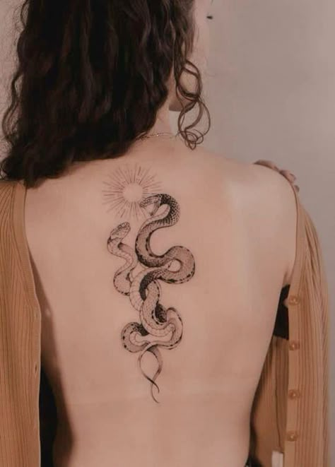 Snake Wrapped Around Spine Tattoo, Spine Tattoos For Women Unique Snake, Woman With Snake Tattoo, Snake Tattoo Back For Women, Back Snake Tattoo Women, Spine Snake Tattoos For Women, Snake Back Tattoo Women, Back Tattoos Snake, Snake Tattoos On Back