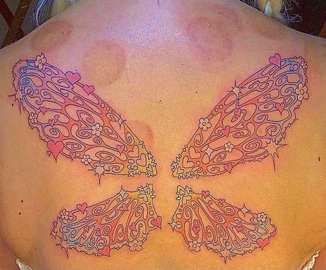 Full Back Fairy Wing Tattoo, Rainbow Wings Tattoo, Fairy Wings Tattoo, Swag Tattoo, Fairy Wing Tattoos, Dark Skin Tattoo, Ear Peircings, Upper Back Tattoos, Lost Things