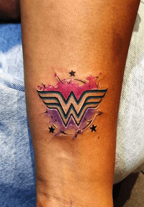 Wonder Woman Tattoos For Women, Wonder Woman Logo Tattoo, Wonder Woman Tattoos, Ww Tattoo, Purple Ribbon Tattoos, Woman Tattoo Ideas, Woman Tattoo Design, Wonder Woman Tattoo, Superman Tattoos