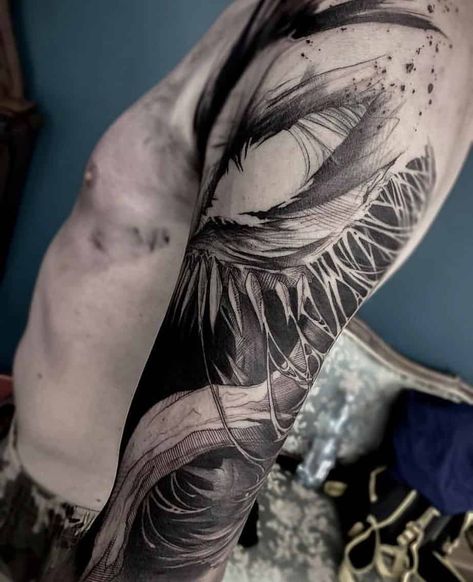 Black And Gray Venom Tattoos 2 Venom Tattoos For Men, Venom Face Tattoo, Venom Sleeve Tattoo, Venom Tattoo Ideas, Venom Smile Tattoo, Venom Chest Tattoo, Venom Shoulder Tattoo, Venom Tattoo, Men Flower Tattoo