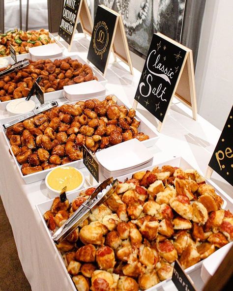 Different Food Stations Wedding, Chicken Nugget Buffet Wedding, Non Traditional Wedding Food Receptions, Soft Pretzel Cocktail Hour, Food Bars At Weddings, Food At Wedding Ideas, Unique Wedding Food Bars, Tater Tot Bar Wedding, Loaded Potato Bar Wedding