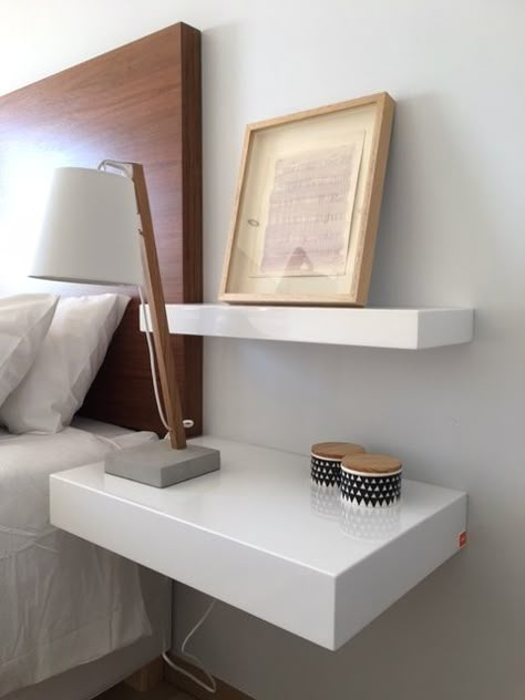 Floating Shelves Bedside, Floating Shelves As Bedside Tables, Bedroom Ideas With Floating Shelves, Bedroom Floating Shelves Night Stand, Floating Shelves As Nightstand, Bedside Table Ideas Floating, Floating Shelves Beside Bed, Floating Shelves Side Of Bed, Floating Shelves Bedside Table