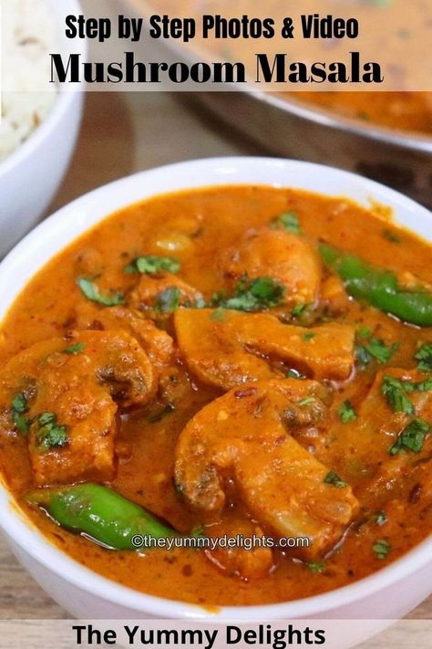 Close-up of mushroom masala served in a white bowl. Garnished with coriander leaves. Mushroom Recipes Indian, Mushroom Masala Recipe, Easy Mushroom Recipes, Mushroom Masala, Recipe Mushroom, Spicy Mushroom, Mushroom Curry, White Button Mushrooms, Chicken Recipes Boneless