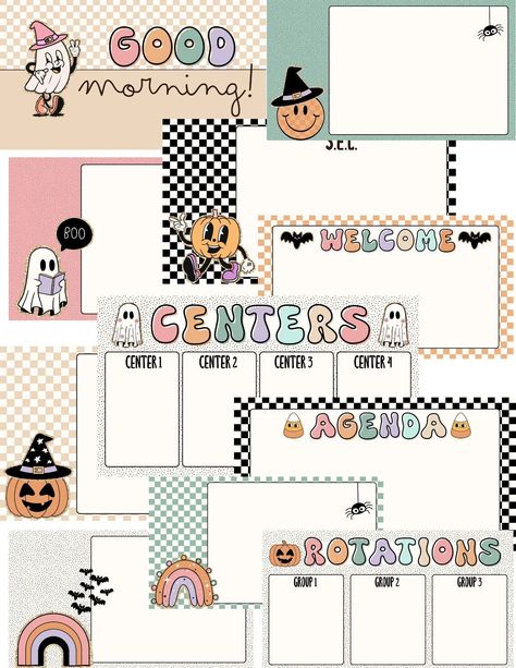 Groovy Halloween Google Slides Templates free Halloween Google Slides, Cute Google Slides, Class Birthday Display, Groovy Classroom, Elementary Classroom Themes, Teaching Classroom Decor, Morning Announcements, Teachers Room, Groovy Halloween