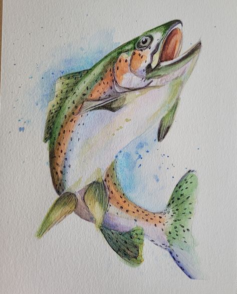 Trout Fish Painting, Diy Fish Painting, Watercolor Trout Painting, Fish Jumping Out Of Water Painting, Color Water Painting Fish, Fish Art Watercolor, Fish Jumping Out Of Water Drawing, Fishing Watercolor Painting, Walleye Painting